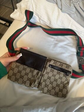Gucci Beige GG Canvas Belt Bag with Green-Red Web Strap